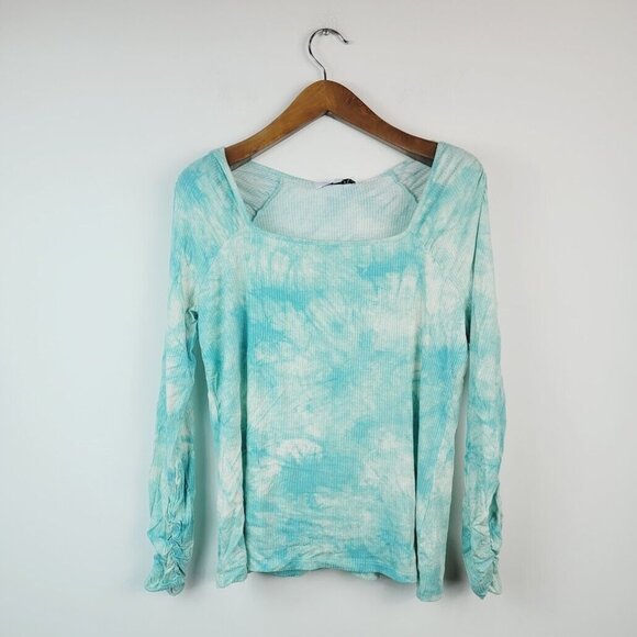 Fever Womens M Aqua Ribbed Tie Dye Long Sleeve Square Neck Top NWT BS77 - Picture 2 of 4